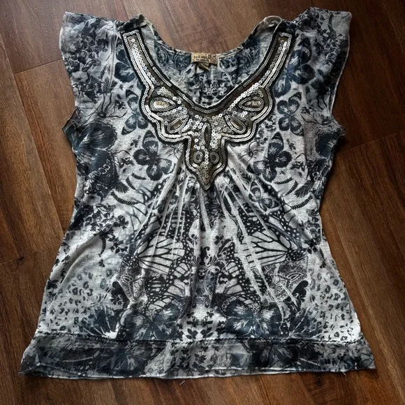 Vintage Y2K Boho Sequin Butterfly Blue Grey Flowy Romantic Short Sleeve Top M - Picture 2 of 6
